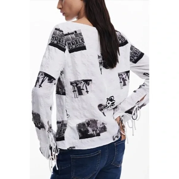 NWOT Desigual Textured Tie Sleeve White & Black Graphic Top - Picture 3 of 6